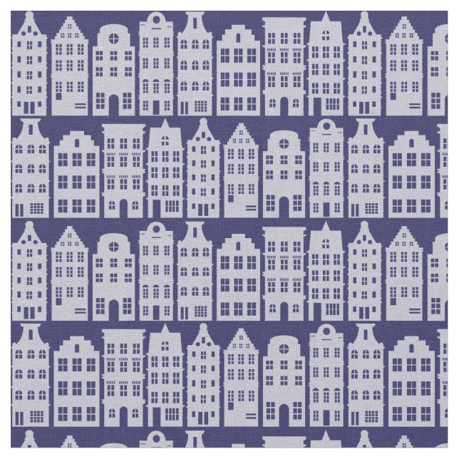 Amsterdam Canal Row Houses Cobalt Blue Pattern Stoff (Nahaufnahme)