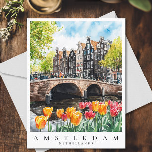 Amsterdam Canal Tulips in Spring Watercolor Travel Postkarte