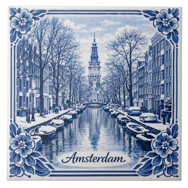 Amsterdam canal winter Delft Blue style tile Fliese (Vorderseite)