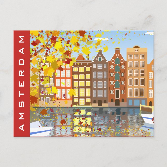 Amsterdam City Canal Herbst Farbenfrohe Postkarte (Vorderseite)