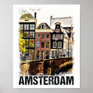 Amsterdam City Streets Vintage Travel Art Poster