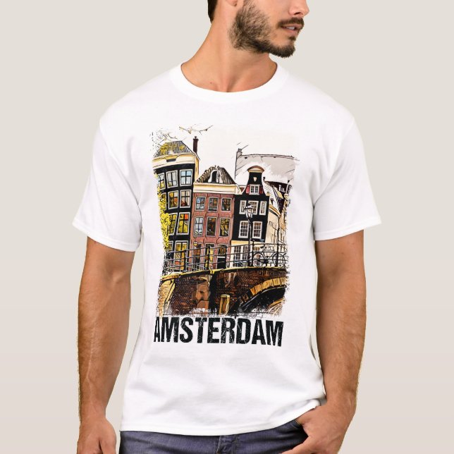 Amsterdam City Streets Vintage Travel Art T-Shirt (Vorderseite)