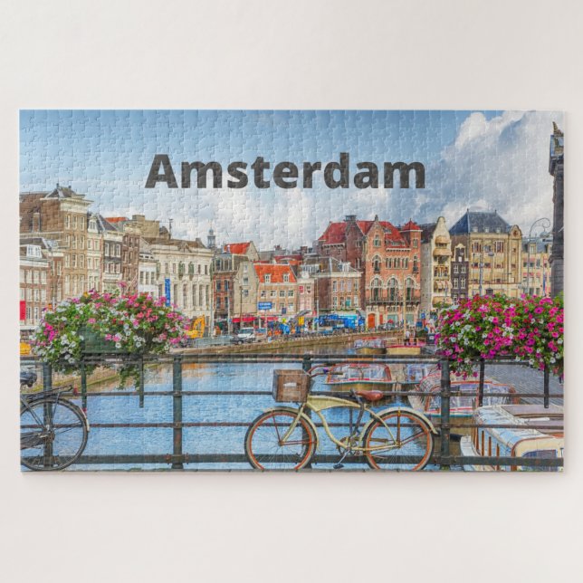 Amsterdam City View - Alte Gebäude, Fluss, Boote Puzzle (Horizontal)