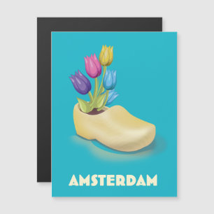 Amsterdam Cloggs and Tulips Reiseplakat. Magnetkarte