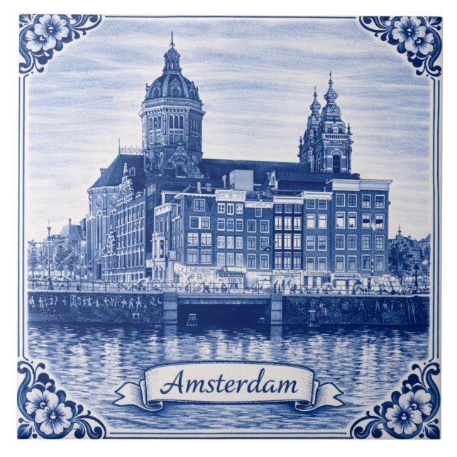 Amsterdam Delft Blue style ceramic tile Fliese (Vorderseite)