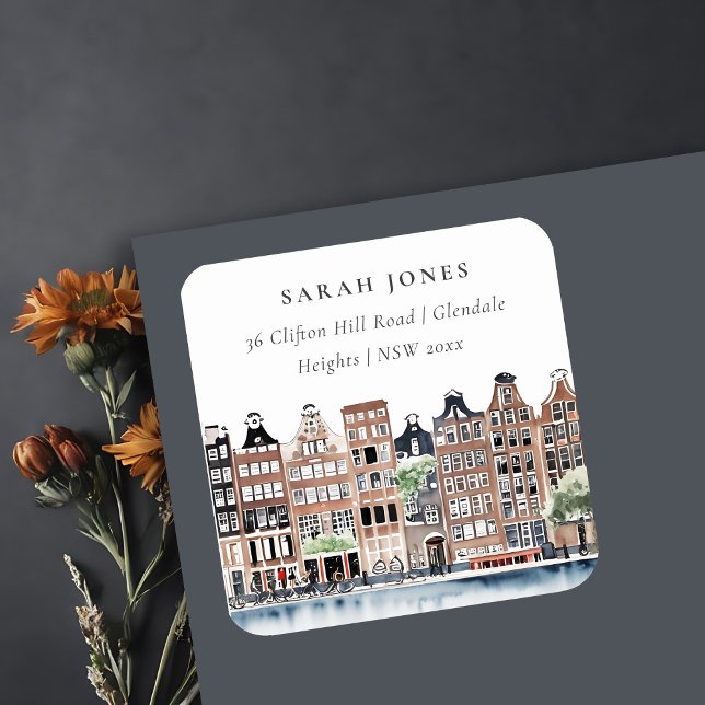 Amsterdam Dutch Canal Watercolor Landscape Anschri Quadratischer Aufkleber (Von Creator hochgeladen)