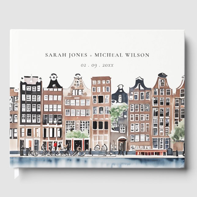 Amsterdam Dutch Canal Watercolor Landscape Wedding Gästebuch (Vorderseite)
