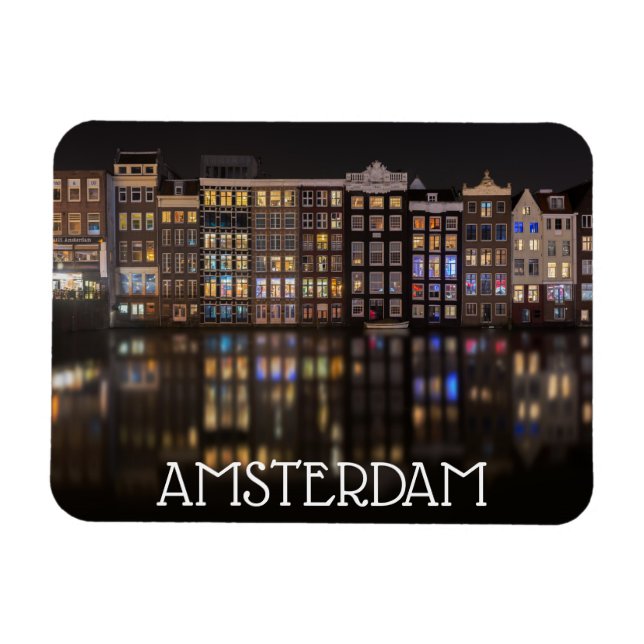 Amsterdam-Häuser mit bunten Lichtern in der Nacht Magnet (Horizontal)