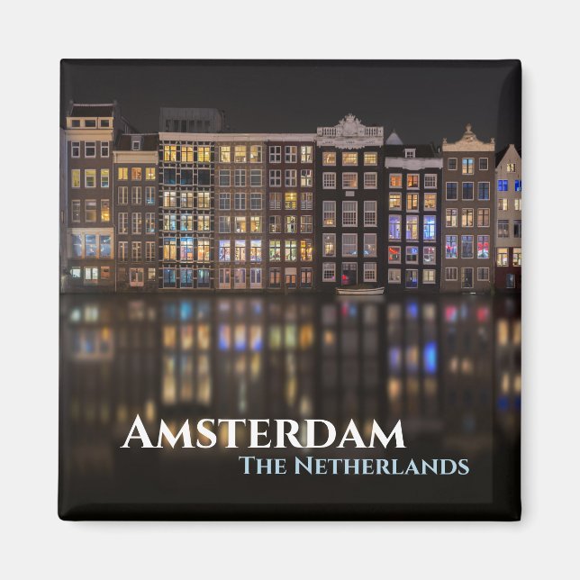 Amsterdam-Häuser mit bunten Lichtern in der Nacht Magnet (Vorne)