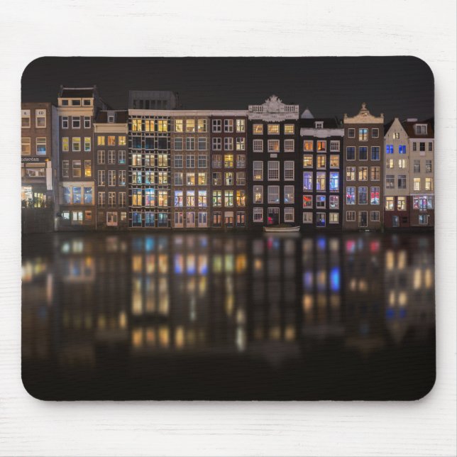 Amsterdam-Häuser mit bunten Lichtern in der Nacht Mousepad (Vorne)