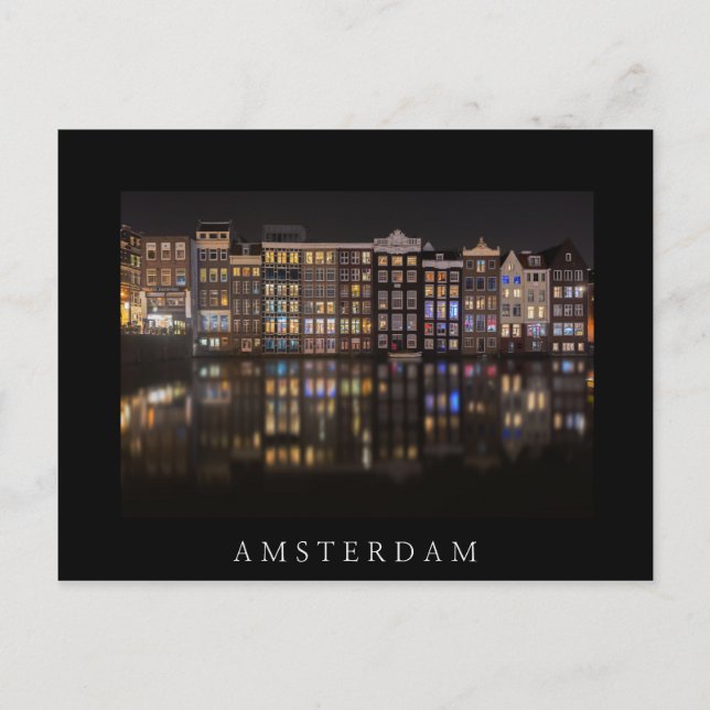 Amsterdam-Häuser mit bunten Lichtern in der Nacht Postkarte (Vorderseite)