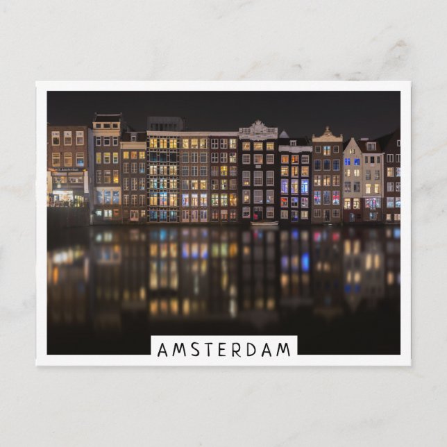 Amsterdam-Häuser mit bunten Lichtern in der Nacht Postkarte (Vorderseite)