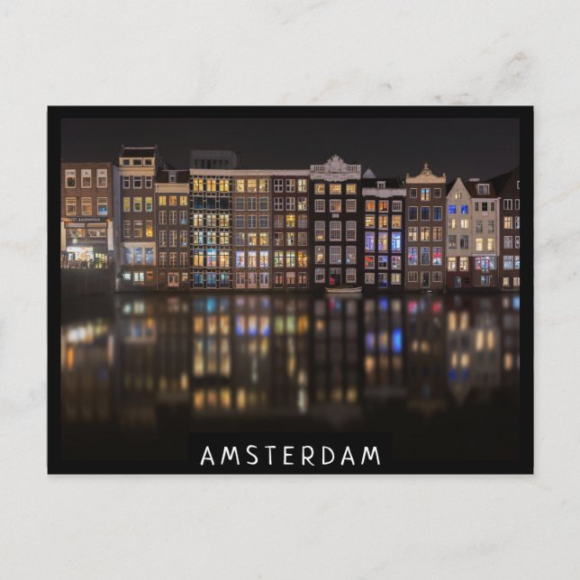 Amsterdam-Häuser mit bunten Lichtern in der Nacht Postkarte (Vorderseite)