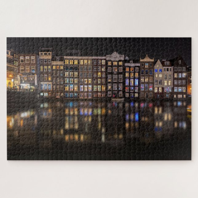 Amsterdam-Häuser mit bunten Lichtern in der Nacht Puzzle (Horizontal)