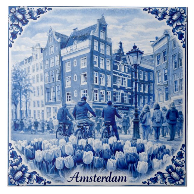 Amsterdam houses Delft Blue style tile Fliese (Vorderseite)