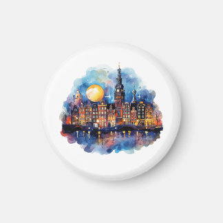 Amsterdam in der Nacht Aquarellmalerei Magnet