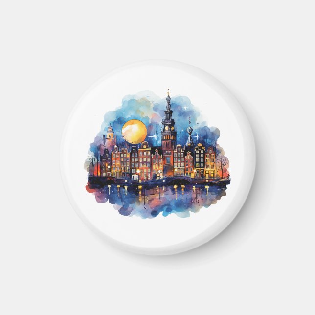 Amsterdam in der Nacht Aquarellmalerei Magnet (Vorne)