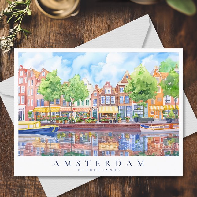Amsterdam Kanal & Boote Wasserfarbenreise Postkarte (Amsterdam Canal & Boats Watercolor Travel Postcard)