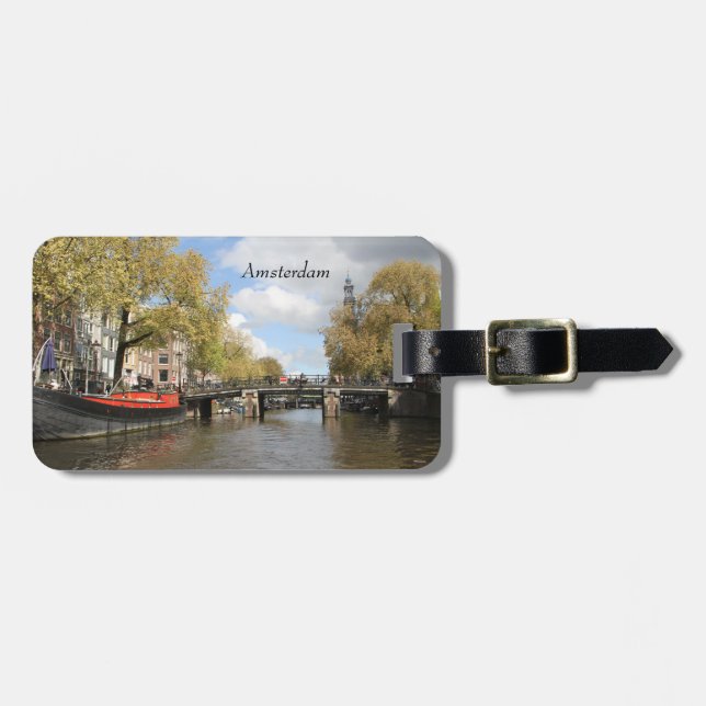 Amsterdam, Kanal, Brücke, Houseboat, Kirchenspitze Gepäckanhänger (Vorderseite horizontal)