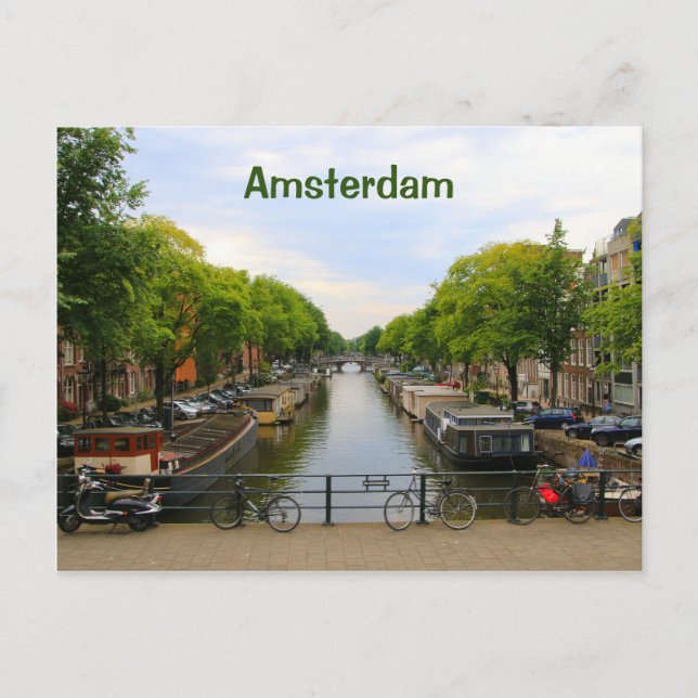Amsterdam: Kanal, Brücken, Fahrräder, Boote, Holla Postkarte (Vorderseite)