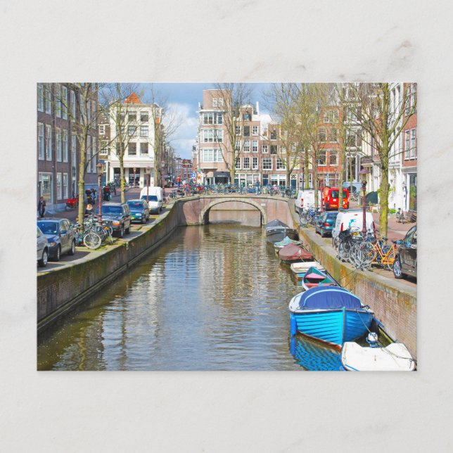 Amsterdam Kanal mit Booten Postkarte (Vorderseite)