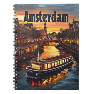 Amsterdam Kanal : Sonnenuntergang und Stadtlampen Notizblock