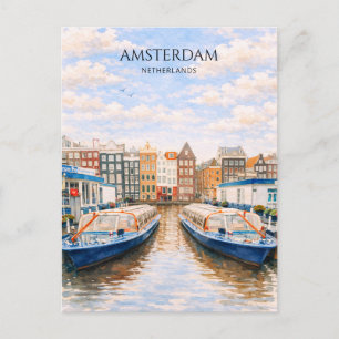 Amsterdam-Kanalboote Wasserfarben-Szene Feiertagspostkarte