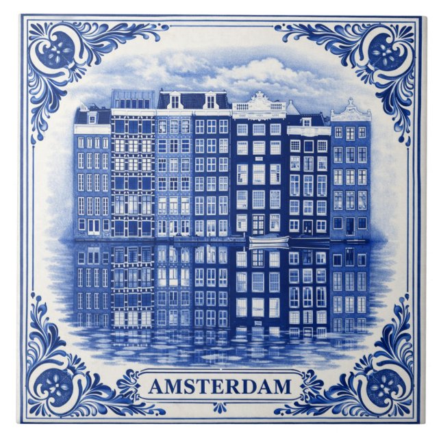 Amsterdam-Kanalhäuser im Stil von Delft-Blau-Kache Fliese (Vorderseite)