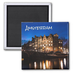 Amsterdam Kanalhäuser in der Nacht mit Text Magnet