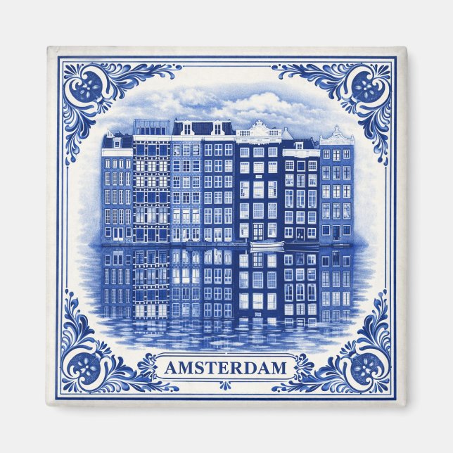 Amsterdam-Kanalhäuser Magnet im Delft-Blau-Stil (Vorne)