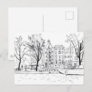 Amsterdam-Kanalhäuser Schwarz-Weiß-Skizze Postkarte