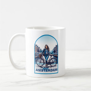 Amsterdam Mädchen mit Fahrrad auf Brücke Kaffeetasse