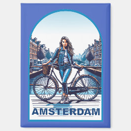 Amsterdam Mädchen mit Fahrrad auf Brücke Magnet