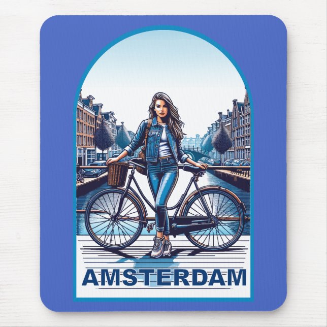 Amsterdam Mädchen mit Fahrrad auf Brücke Mousepad (Vorne)