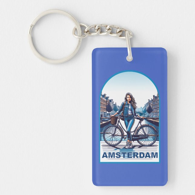 Amsterdam Mädchen mit Fahrrad auf Brücke Schlüsselanhänger (Vorderseite)