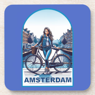 Amsterdam-Mädchen mit Fahrrad auf der Brücke Getränkeuntersetzer