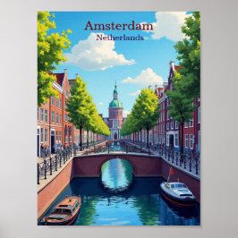 Amsterdam Netherlands Gouache Illustration Travel Poster