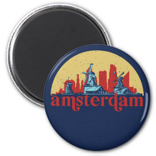 Amsterdam Netherlands Retro City Skyline Cityscape Magnet