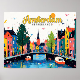 Amsterdam Netherlands Vintage Travel Illustration Poster