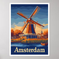 Amsterdam Netherlands Vintage Travel Illustration