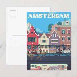 Amsterdam Netherlands Vintage Travel Illustration Postkarte