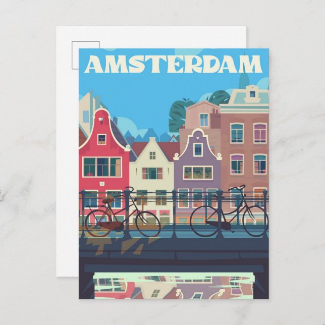 Amsterdam Netherlands Vintage Travel Illustration Postkarte (Vorne/Hinten)
