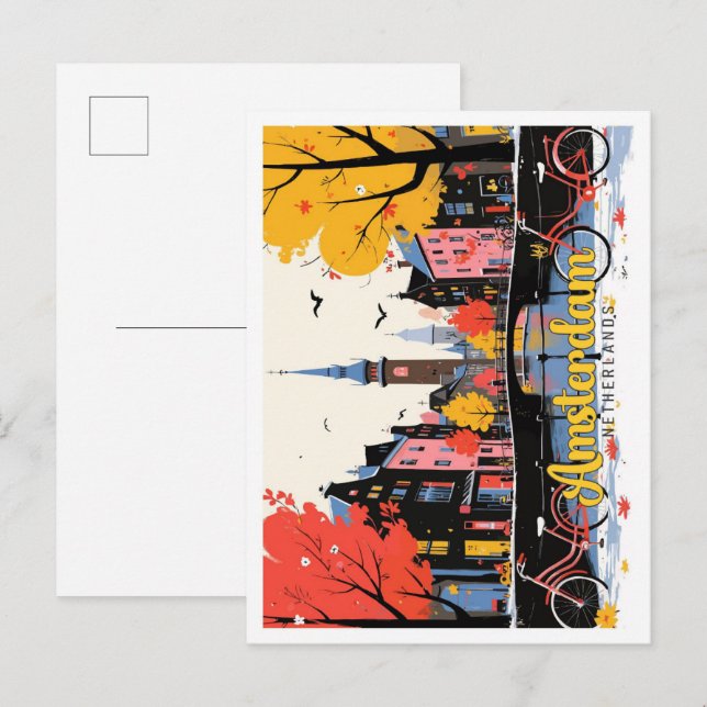 Amsterdam Netherlands Vintage Travel Illustration Postkarte (Vorne/Hinten)