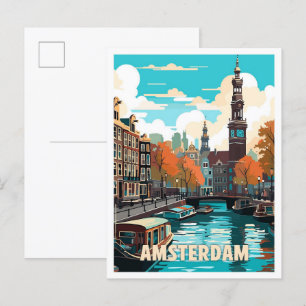 Amsterdam Netherlands Vintage Travel Illustration Postkarte