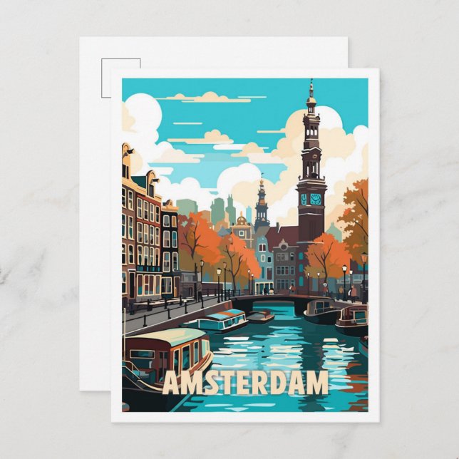Amsterdam Netherlands Vintage Travel Illustration Postkarte (Vorne/Hinten)