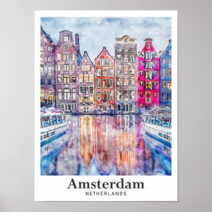 Amsterdam Niederlande Aquarell-Skizze Handgezeichn Poster