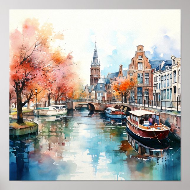 Amsterdam Niederlande Aquarellmalerei Poster (Vorne)