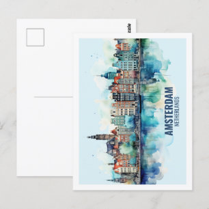 Amsterdam Niederlande Berühmte Reise Aquarell Postkarte