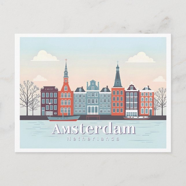 Amsterdam Niederlande Damrak Pastel Travel Design Postkarte (Vorderseite)