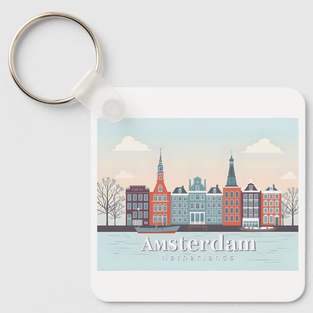 Amsterdam Niederlande Damrak Pastel Travel Schlüsselanhänger (Vorderseite)